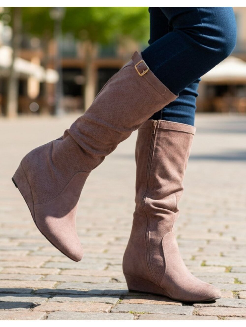 Taupe Knee-High Wedge Suede Boots With Buckle Detail Side Zipper And Textured Fi - Picture 6 of 9